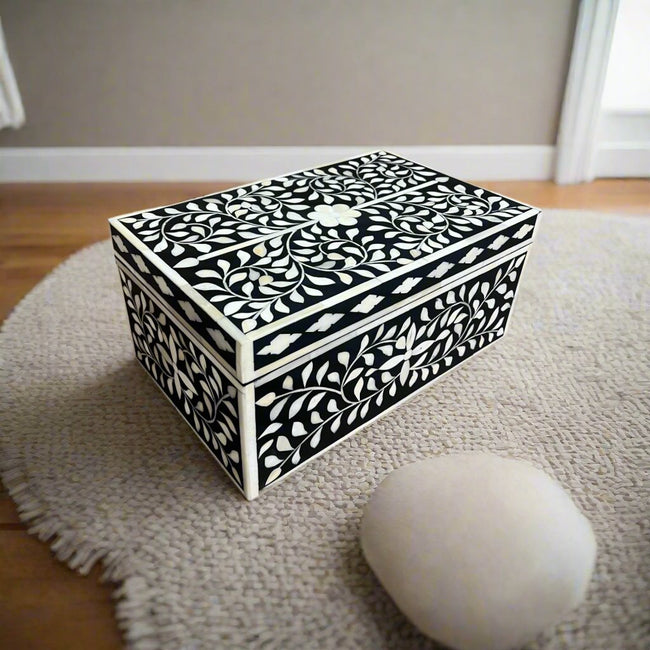 Bone Inlay Floral Design Tissue Box Black