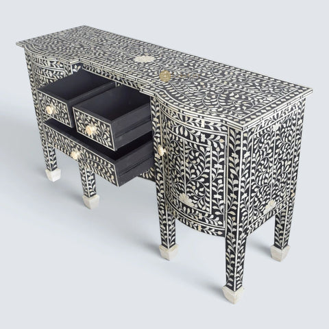 Bone Inlay Floral Design Victorian Buffet Black