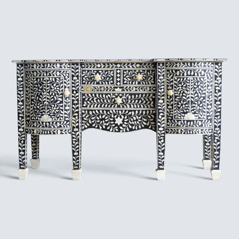 Bone Inlay Floral Design Victorian Buffet Black