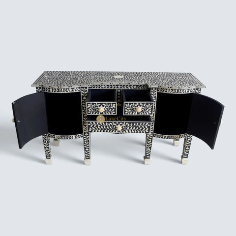 Bone Inlay Floral Design Victorian Buffet Black