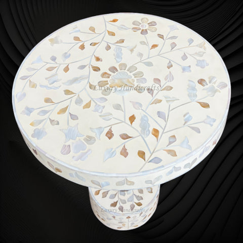 Blooming Flowers MOP Inlay Round Accent Table Beige 1