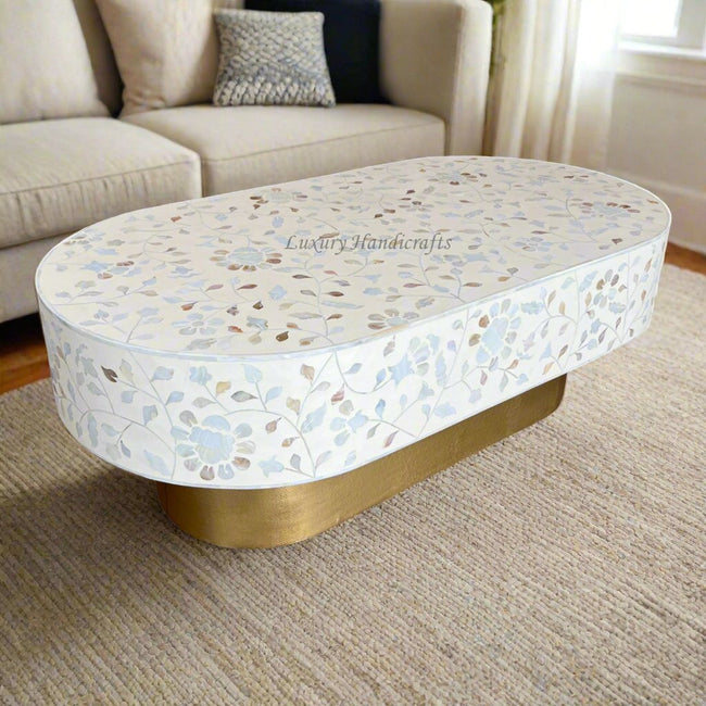 Mother Of Pearl Inlay Blooming Flowers Design Coffee Table Beige