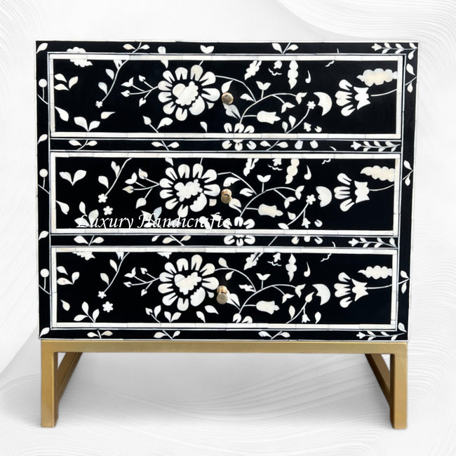 Blooming Flowers Bone Inlay Bedside Black