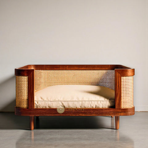 Bobby Premium Home Pets Sleeping Walnut Bed with Rattan