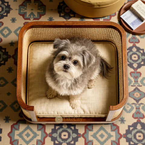 Bobby Premium Home Pets Sleeping Walnut Bed with Rattan