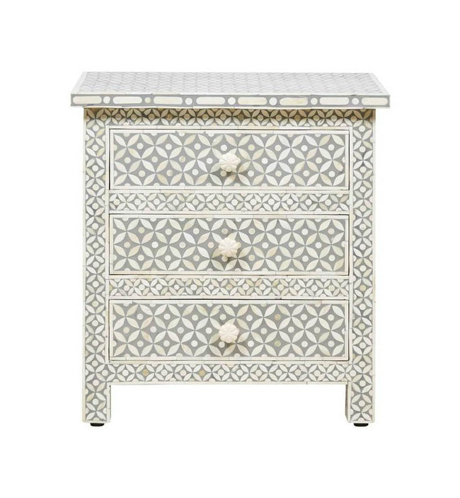 Grey Bone Inlay 3 Drawer Bedside Geometric 1