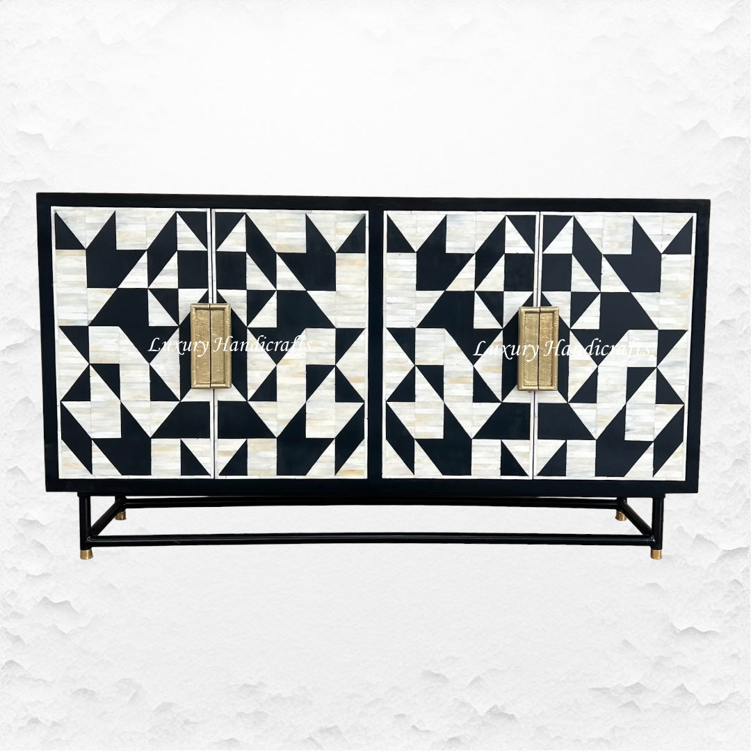 Bone Inlay Geometric 4 Door Sideboard Black 1
