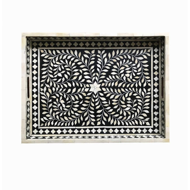 Shop Black Bone Inlaid Rectangular Tray Floral Design 1