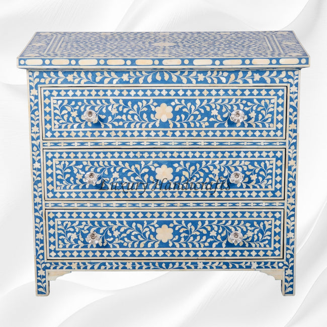 Bone Inlay Floral 3 Drawer Chest Blue 1