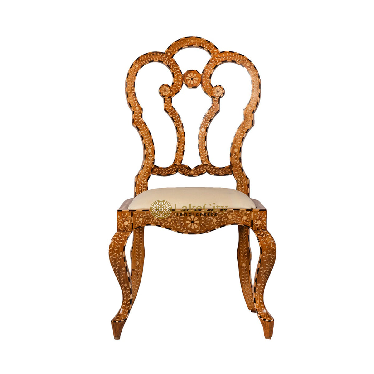 Bone Inlay Teakwood Flower Design Chair Brown