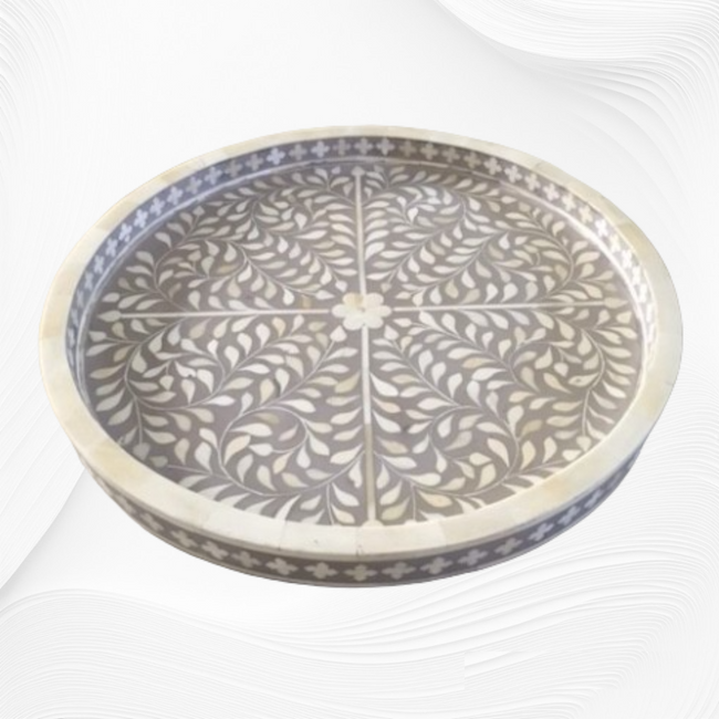 Floral Round Bone Inlay Tray Grey 1