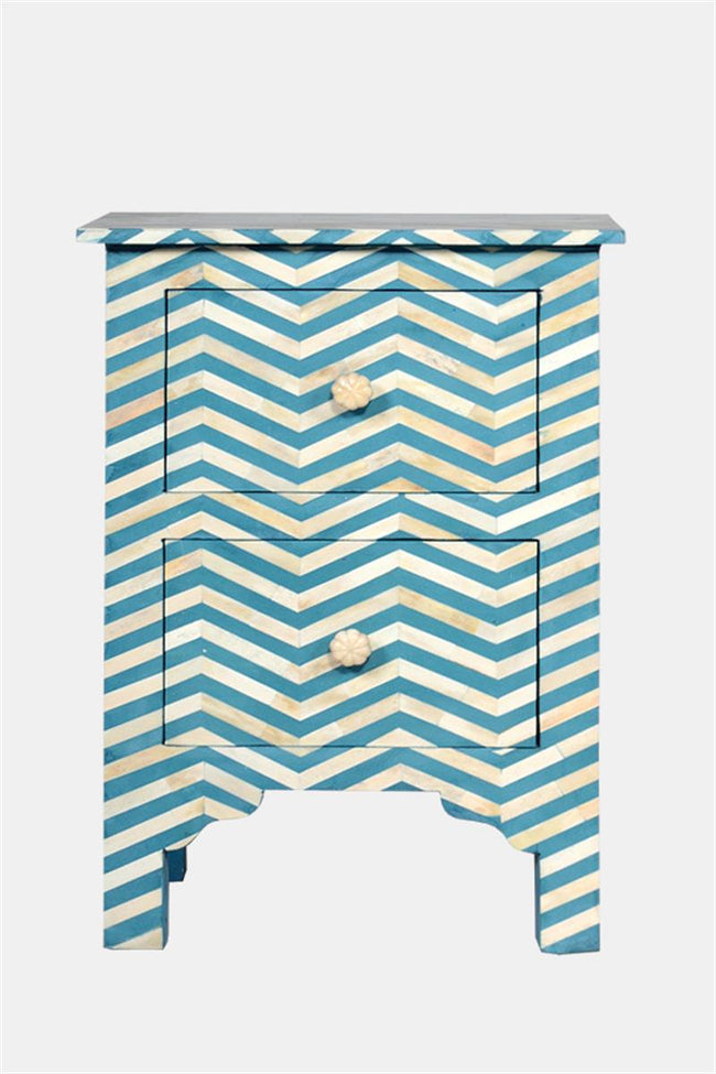 Bone Inlay Chevron Bedside 2 Drawer Aqua 1