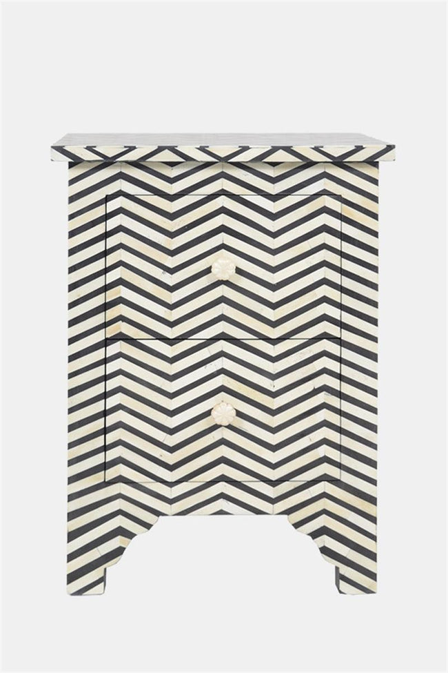 Bone Inlay Chevron Bedside 2 Drawer Black 1