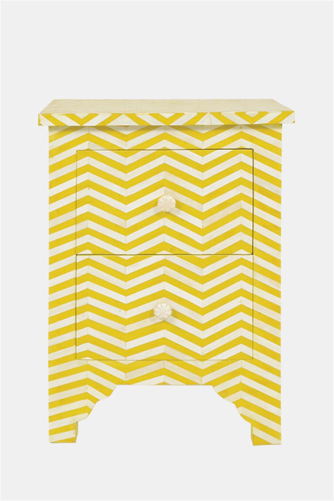 Bone Inlay Chevron Bedside 2 Drawer Yellow 1