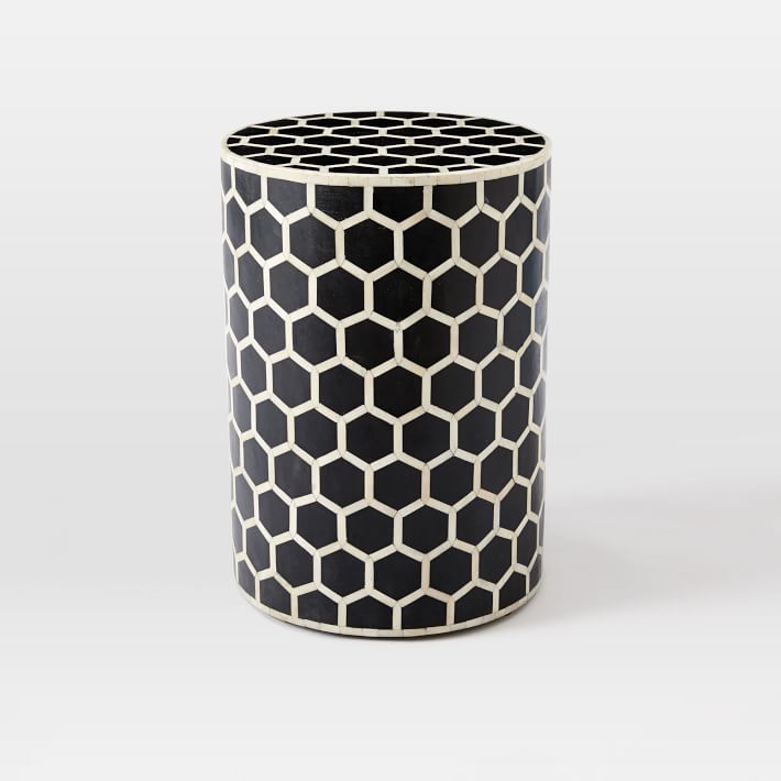 Bone Inlay Round Stool Honeycomb Design Black 1