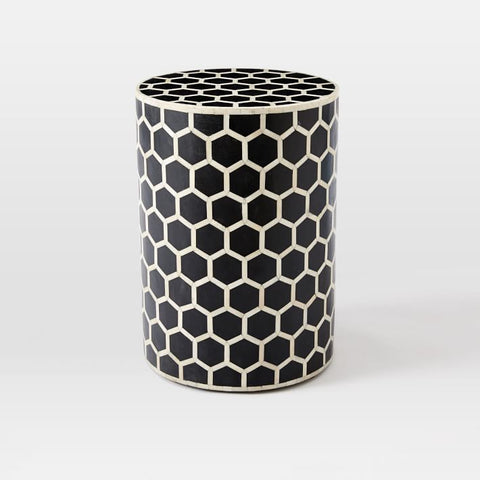 Bone Inlay Round Stool Honeycomb Design Black 1