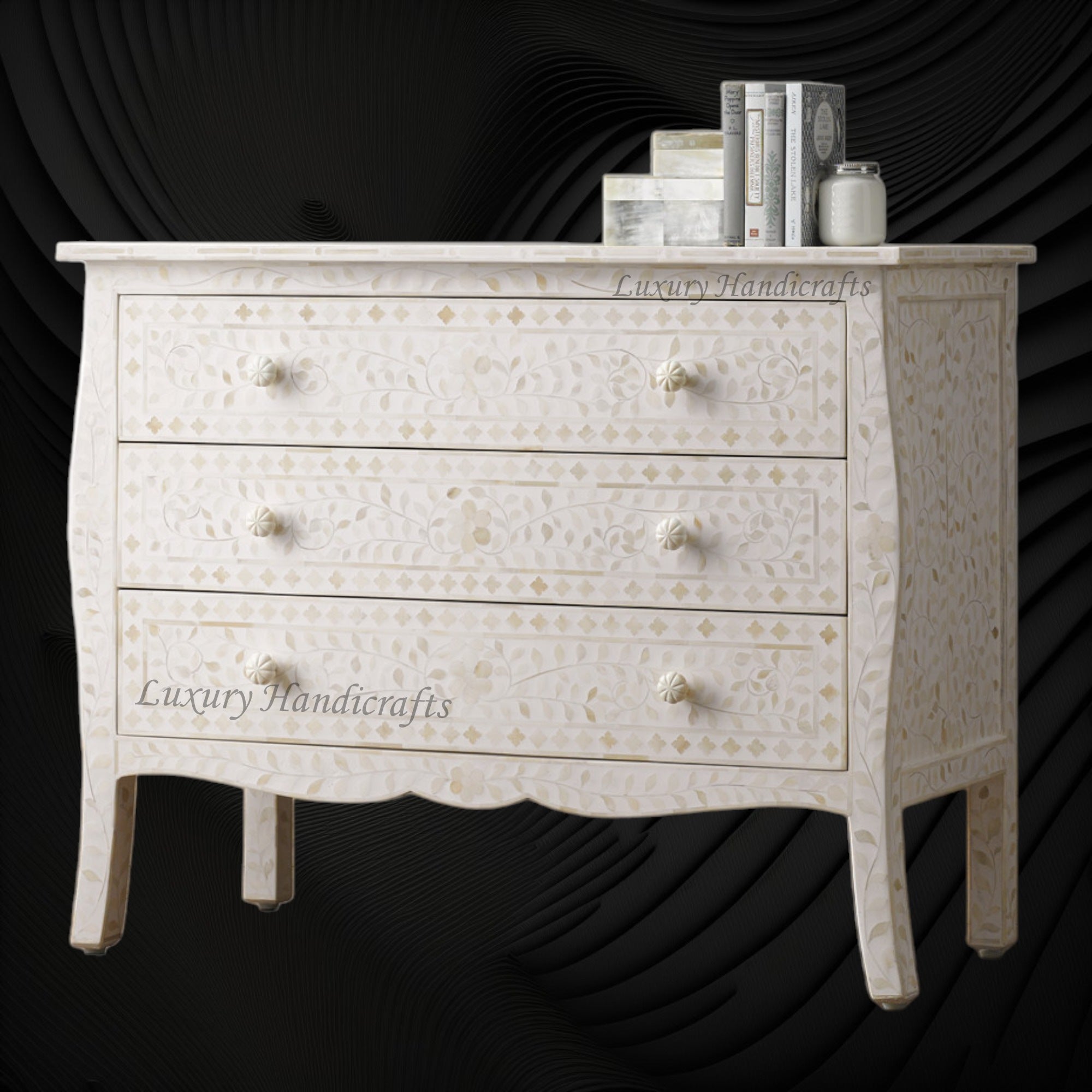 Bone Inlay Curved 3 Drawer Floral Dresser White with Topper 6