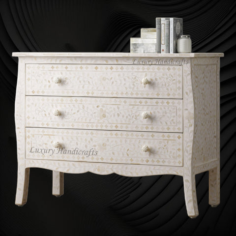 Bone Inlay Curved 3 Drawer Floral Dresser White with Topper 6