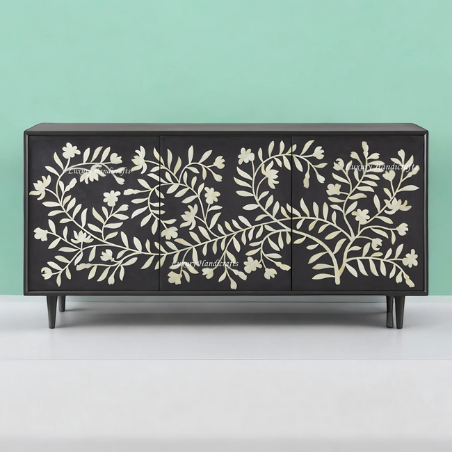 Bone Inlay Flower Design Media Console Table Black Finish | Bone Inlay Entertainment Unit