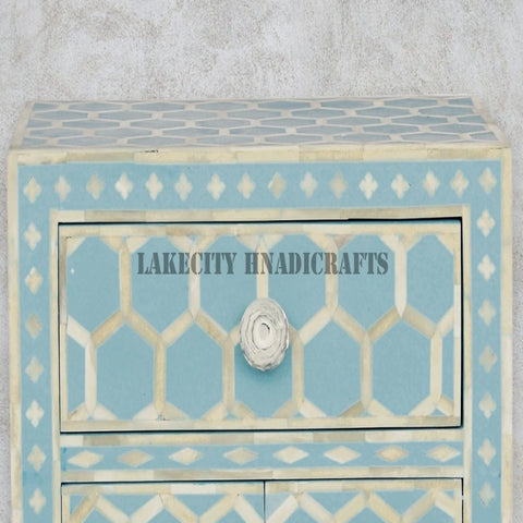Bone Inlay Honeycomb Design 1 Drawer 2 Door Bedside Sky Blue