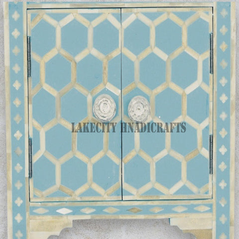 Bone Inlay Honeycomb Design 1 Drawer 2 Door Bedside Sky Blue