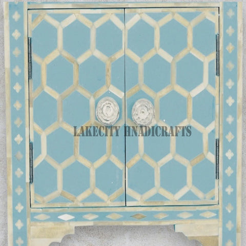 Bone Inlay Honeycomb Design 1 Drawer 2 Door Bedside Sky Blue