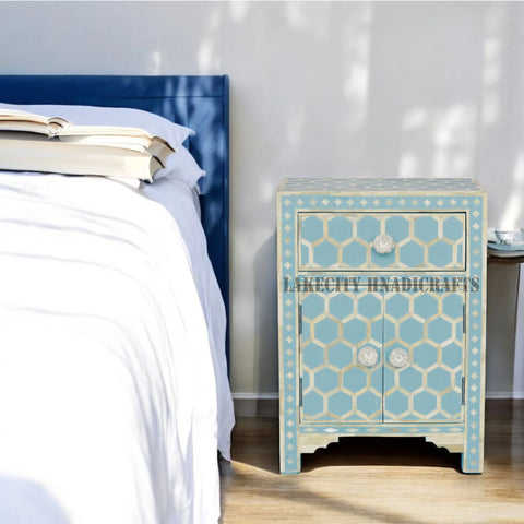 Bone Inlay Honeycomb Design 1 Drawer 2 Door Bedside Sky Blue