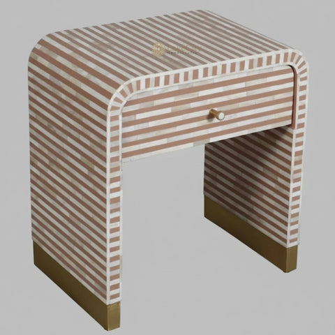 Bone Inlay 1 Drawer Curved Bedside Table Almond | 1 Drawer Bedside Table | Almond Bedside Table