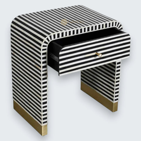 Bone Inlay 1 Drawer Curved Bedside Table Black | 1 Drawer Bedside Table | Black Bedside Table