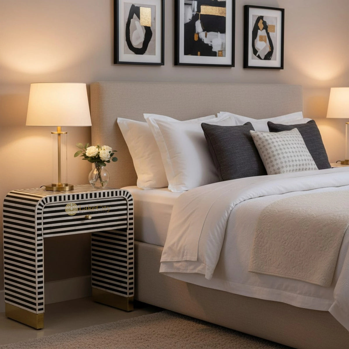Bone Inlay 1 Drawer Curved Bedside Table Black | 1 Drawer Bedside Table | Black Bedside Table