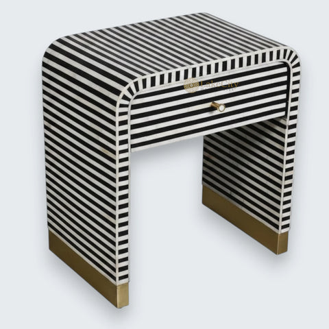 Bone Inlay 1 Drawer Curved Bedside Table Black | 1 Drawer Bedside Table | Black Bedside Table