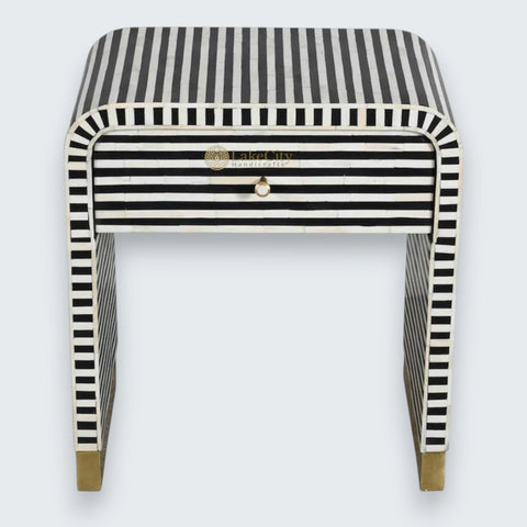 Bone Inlay 1 Drawer Curved Bedside Table Black | 1 Drawer Bedside Table | Black Bedside Table
