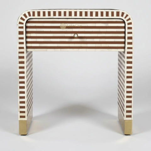 Bone Inlay 1 Drawer Curved Bedside Table Chocolate | 1 Drawer Bedside Table | Chocolate Bedside Table