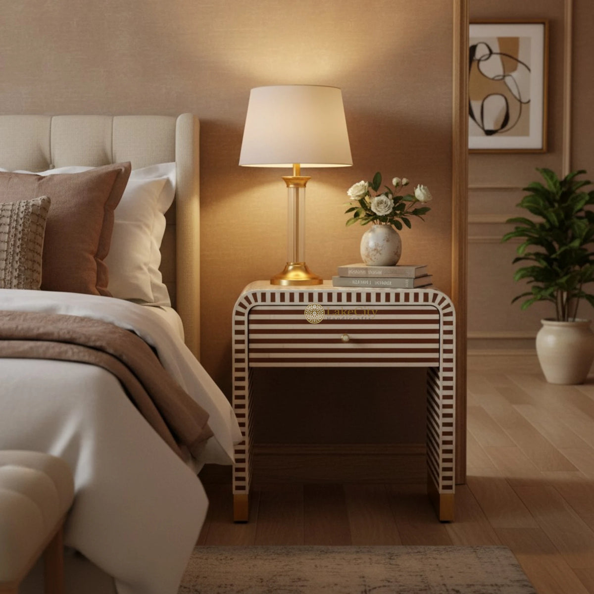 Bone Inlay 1 Drawer Curved Bedside Table Chocolate | 1 Drawer Bedside Table | Chocolate Bedside Table