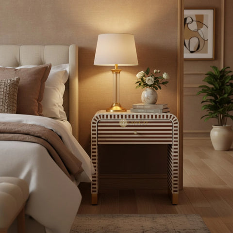 Bone Inlay 1 Drawer Curved Bedside Table Chocolate | 1 Drawer Bedside Table | Chocolate Bedside Table