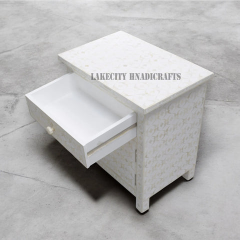 Bone Inlay Quote Design 1 Drawer 1 Door Side Cabinet White