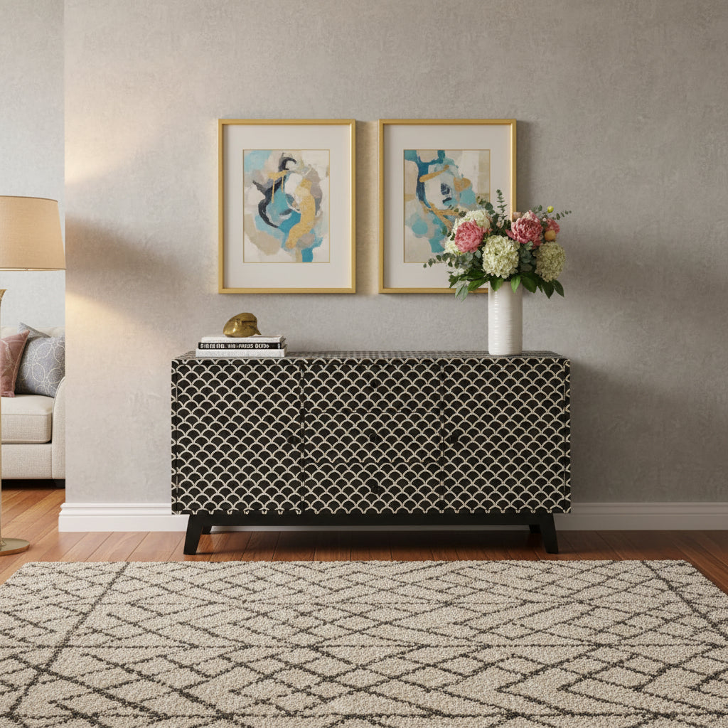 Fish Inlay End Table Bone Inlay Fish-scale Design 3 Drawers & 2 Doors Sideboard Table Black ...