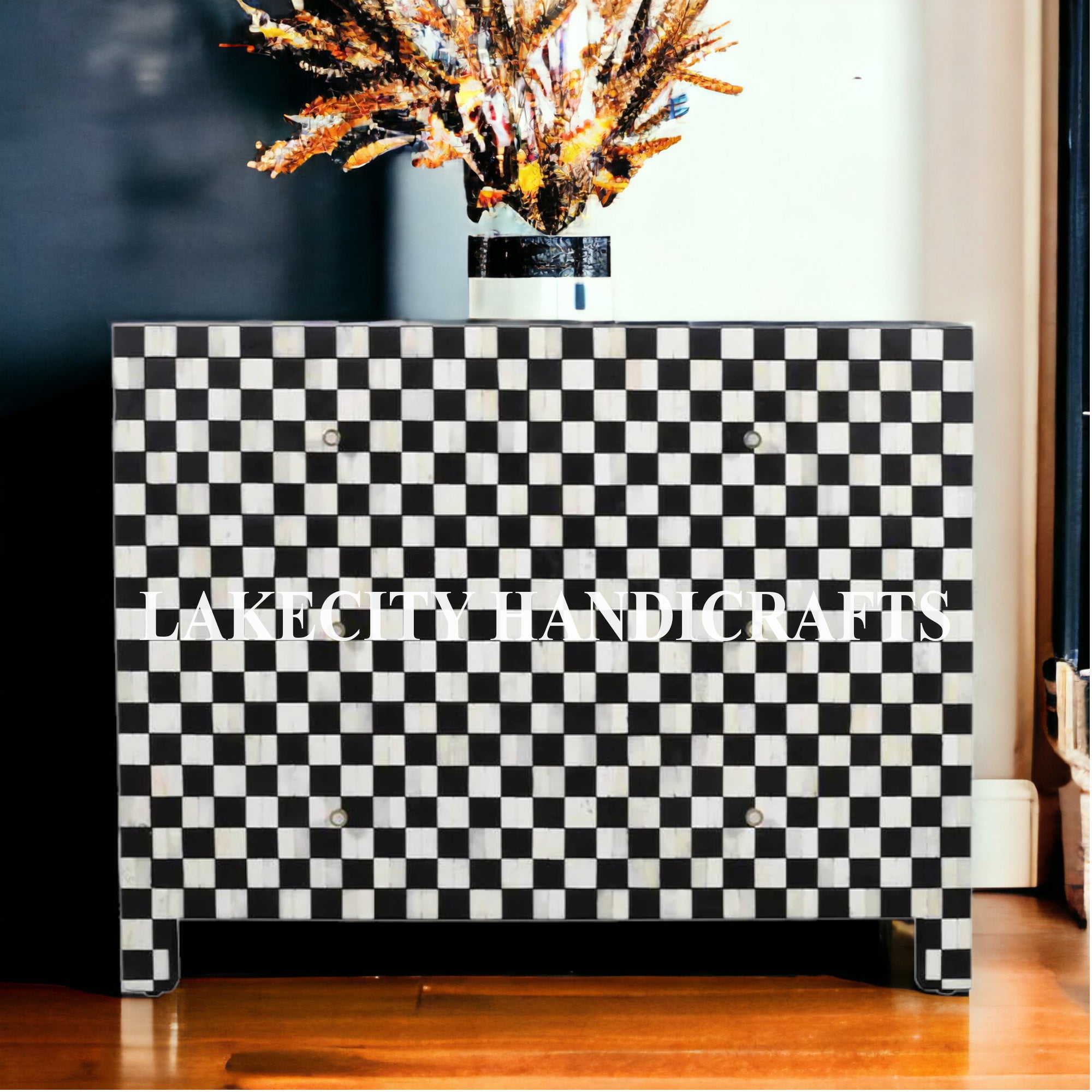 Bone Inlay Checkerboard Design 4 Drawers Dresser Table | Entryway Chest Of Drawers