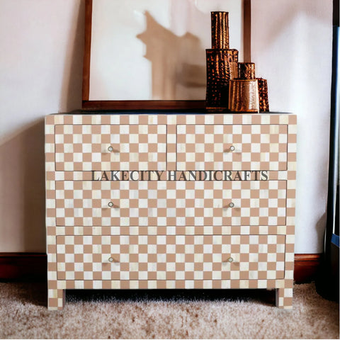 Bone Inlay Checkerboard Design 4 Drawers Dresser Table | Entryway Chest Of Drawers