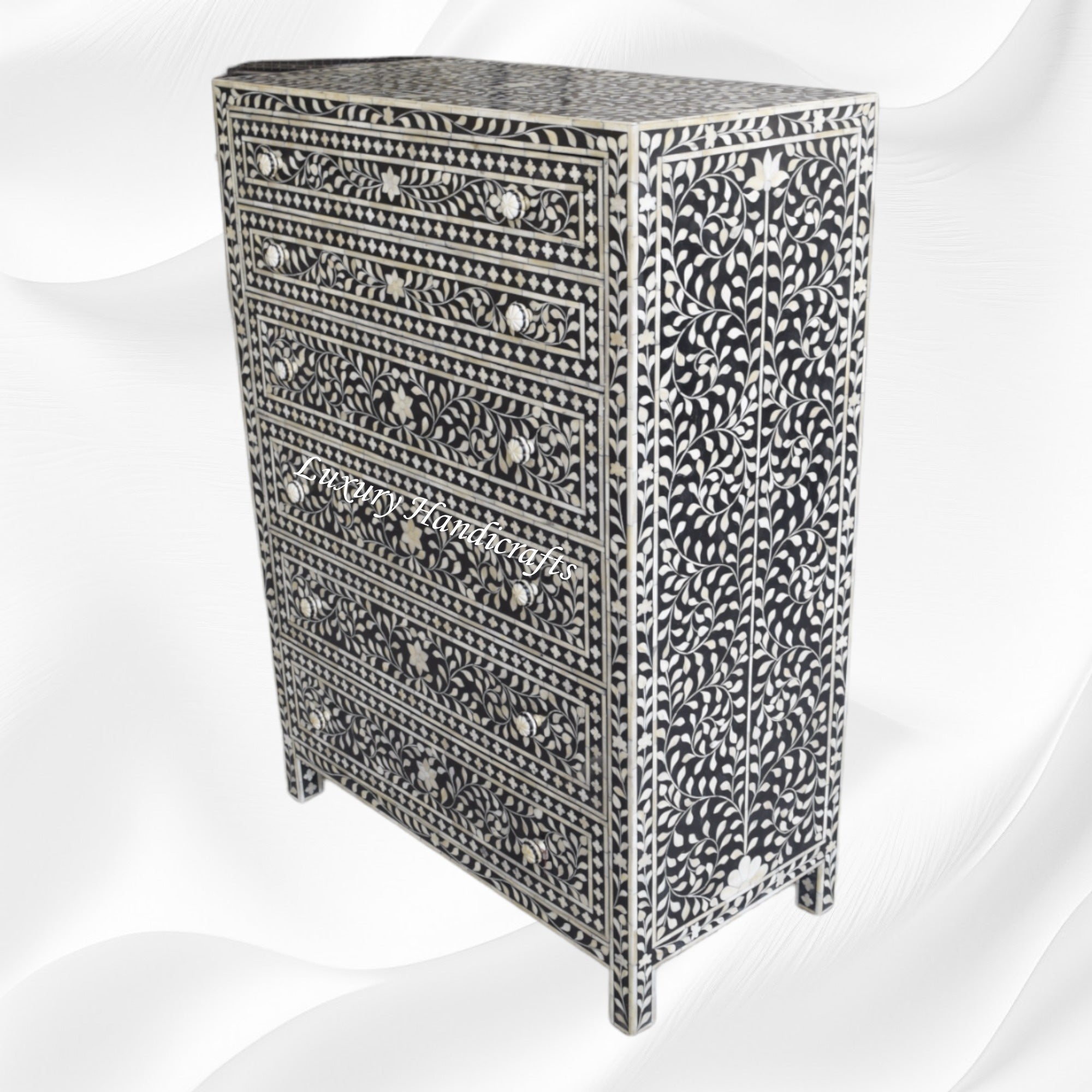 Bone Inlay 6 Drawer Chest Floral Design Black 3