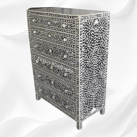 Bone Inlay 6 Drawer Chest Floral Design Black 3
