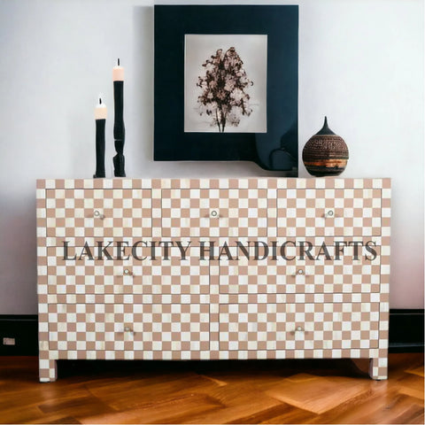 Bone Inlay Checkerboard Design 7 Drawers Dresser Table | Bone Inlay Checkerboard Design 7 Drawers Chest