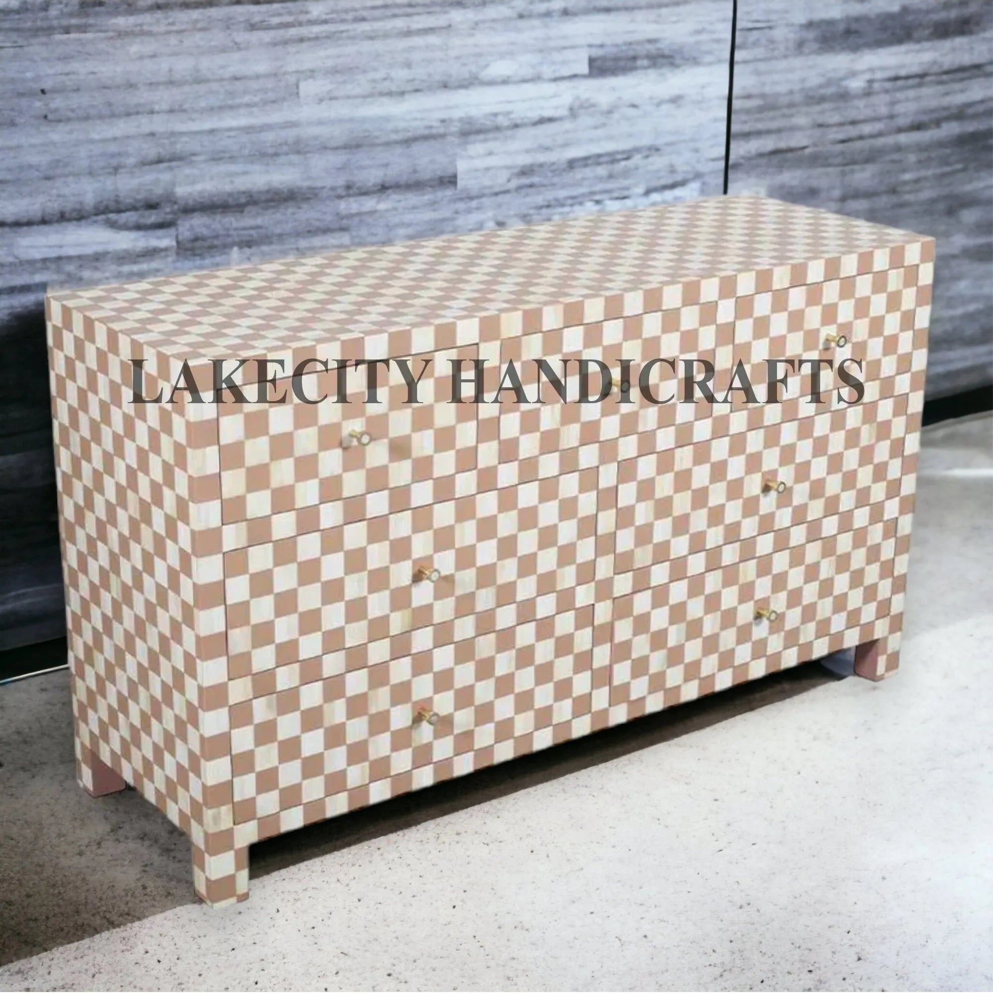 Checker Inlay Side Table Bone Inlay Checkerboard Design 7 Drawers Dresser Table | Bone Inlay Ch ...