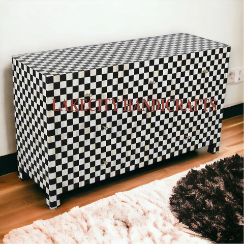 Bone Inlay Checkerboard Design 7 Drawers Dresser Table | Bone Inlay Checkerboard Design 7 Drawers Chest