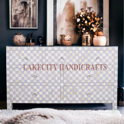 Bone Inlay Checkerboard Design 7 Drawers Dresser Table | Bone Inlay Checkerboard Design 7 Drawers Chest