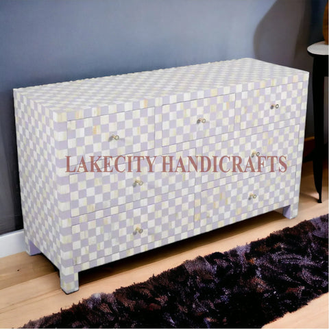 Bone Inlay Checkerboard Design 7 Drawers Dresser Table | Bone Inlay Checkerboard Design 7 Drawers Chest