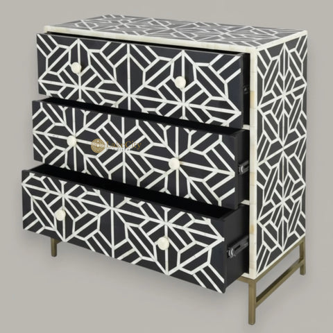 Bone Inlay Abstract Design 3 Drawers Chest Black