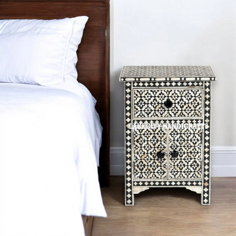 Bone Inlay Arctic 1 Drawer & 2 Doors Nightstand Table Black | Bone Inlay Arctic 1 Drawer & 2 Doors Bedside Table Black