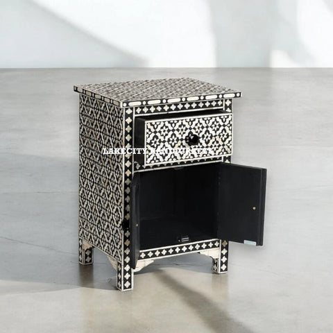 Bone Inlay Arctic 1 Drawer & 2 Doors Nightstand Table Black | Bone Inlay Arctic 1 Drawer & 2 Doors Bedside Table Black