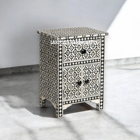 Bone Inlay Arctic 1 Drawer & 2 Doors Nightstand Table Black | Bone Inlay Arctic 1 Drawer & 2 Doors Bedside Table Black